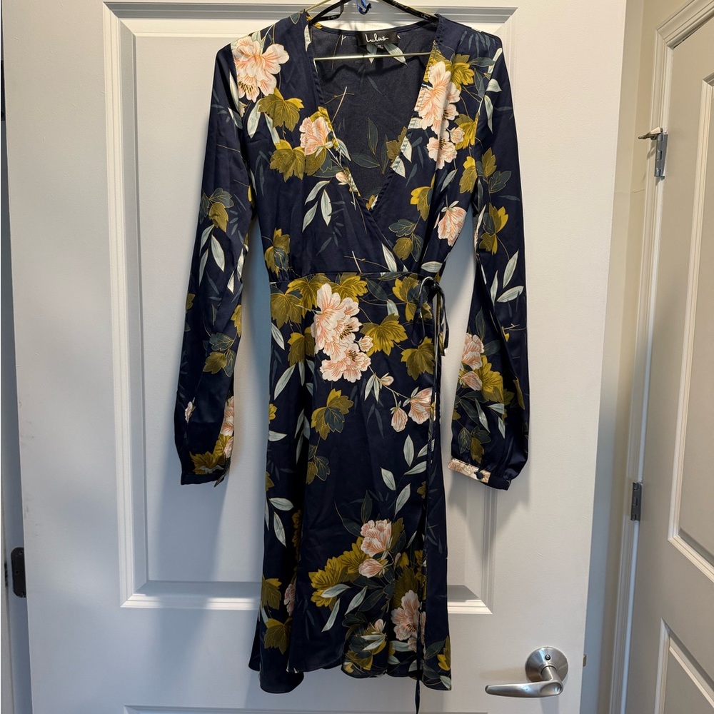 Lulu's Blue and Gold Sheath Dress with Bishop Sleeves